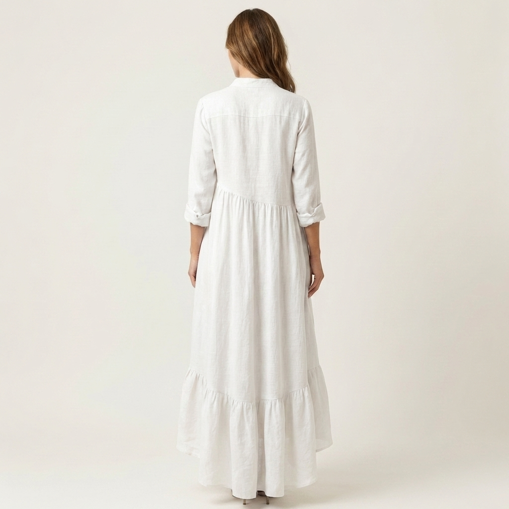 Robe longue blanche en lin, col montant et boutons, ourlet volant, manches trois-quarts