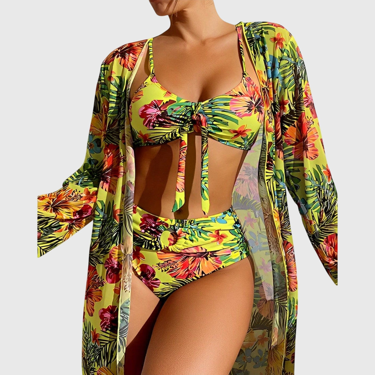 Bikini fleuri avec paréo transparent, haut à nœud central et bas taille haute