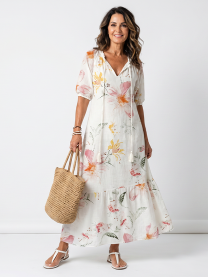 Noa | Robe Midi Florale Douce à Volants et Franges