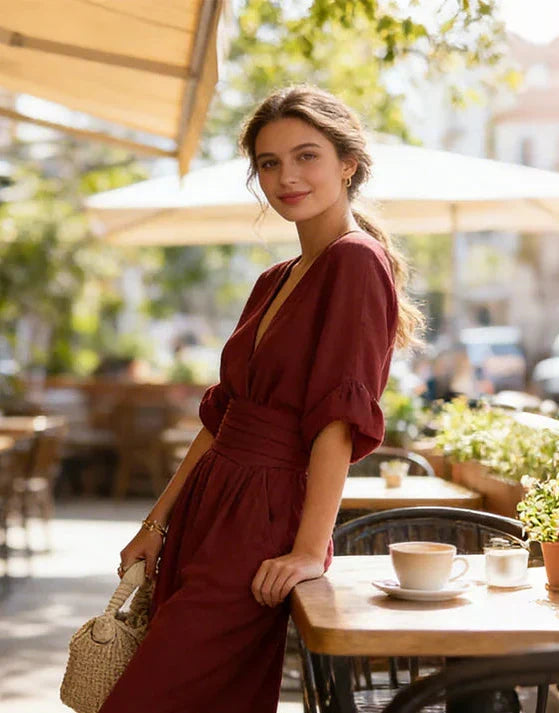 Combinaison bordeaux décolleté V, manches courtes bouffantes, taille froncée, jambes larges