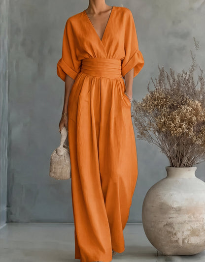 Combinaison orange décolleté V, ceinture, jambes larges, manches larges