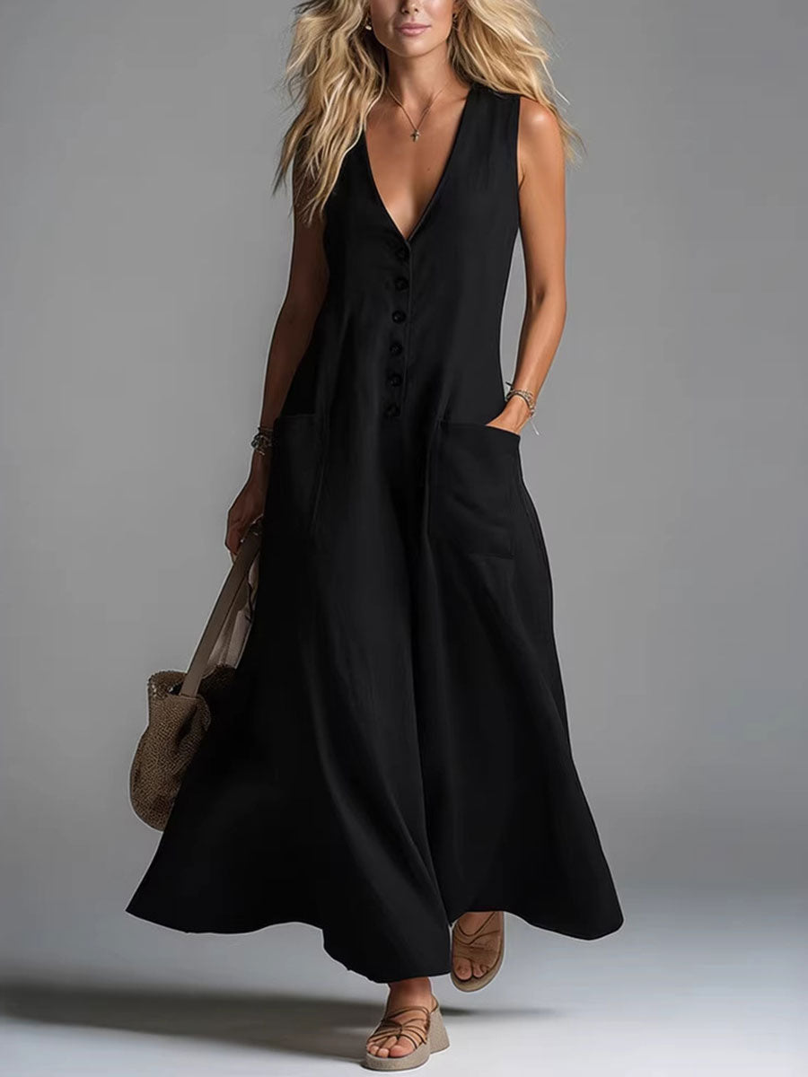 Robe longue noire boutonnée, encolure V, poches latérales