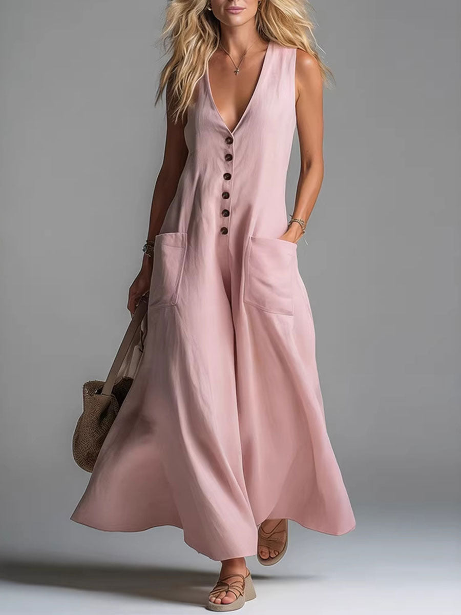 Robe longue rose boutonnée, encolure V, poches latérales