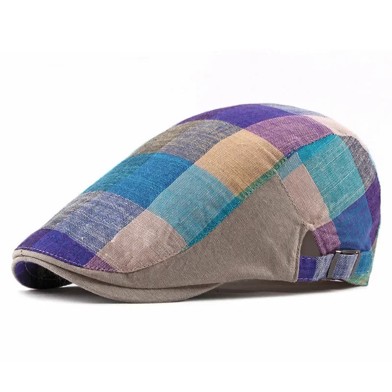 Casquette d’été Bloom™ en tissu beige à carreaux bleu et violet, avec sangle réglable