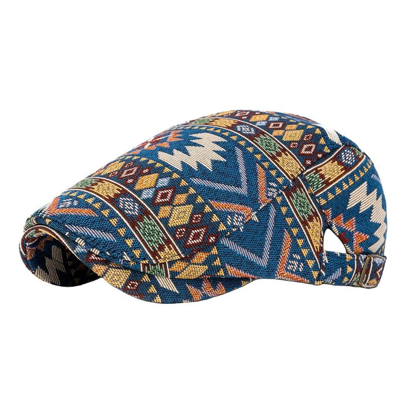Casquette rétro Bloom™ en tissu bleu à motifs géométriques multicolores, ajustable