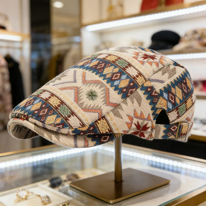 Casquette rétro Bloom™ beige à motifs tribaux bleu et brun, visière courbée