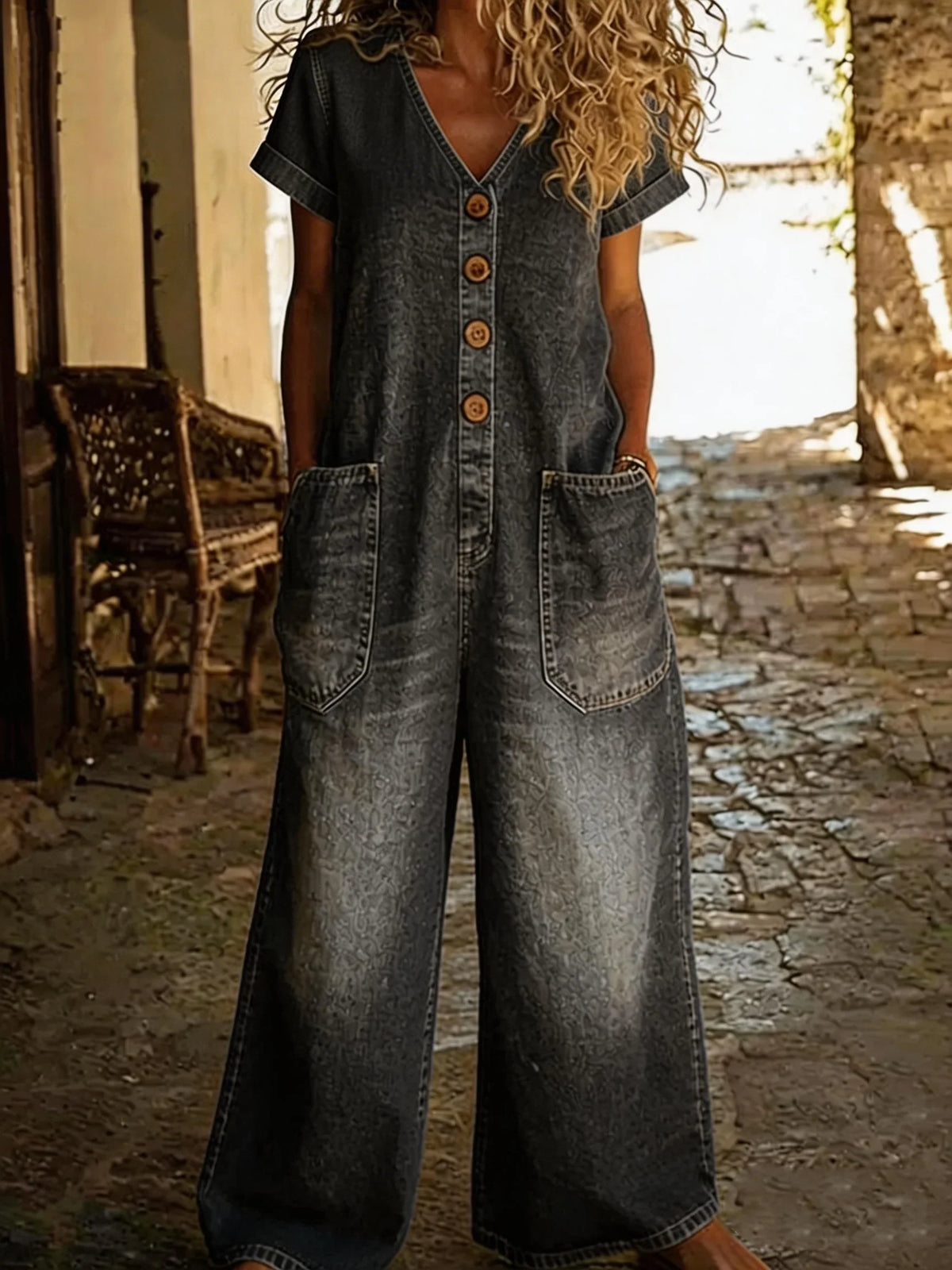 Combinaison-short en jean gris foncé, col en V, manches courtes, boutonnage et poches
