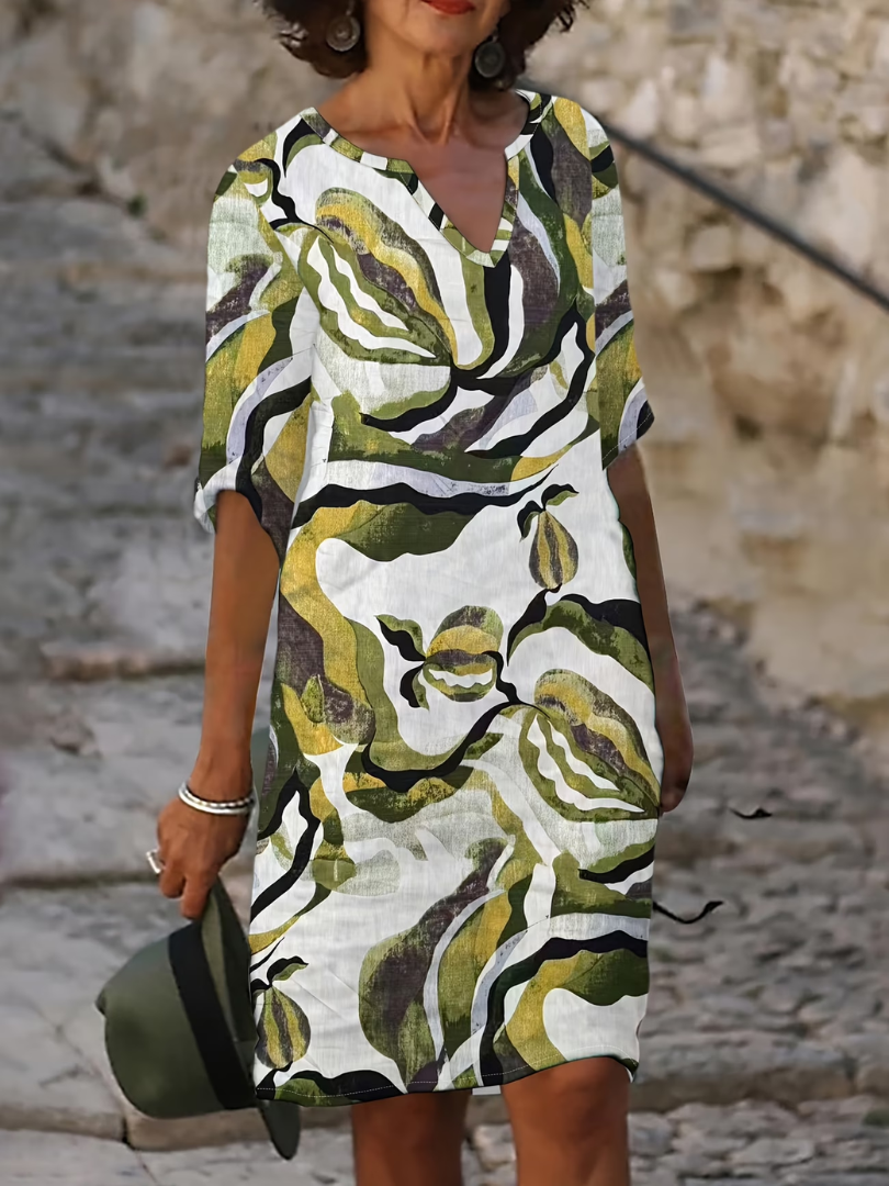 Robe d’été légère blanche à motifs vert et jaune, encolure V, manches courtes