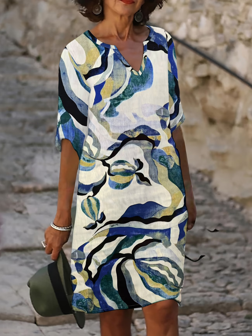 Robe d’été légère bleu et vert à encolure V, manches courtes, imprimé abstrait