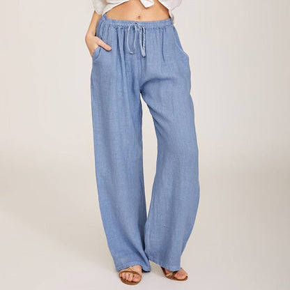 Pantalon ample bleu clair, coupe longue, taille élastique avec cordon