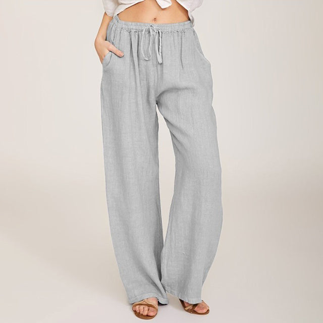 Pantalon ample gris clair, taille élastique et cordon de serrage