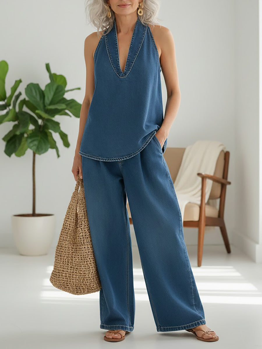Ensemble denim bleu : débardeur col V et pantalon ample à jambe large