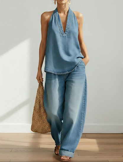 Ensemble denim bleu délavé : haut sans manches col V et pantalon large