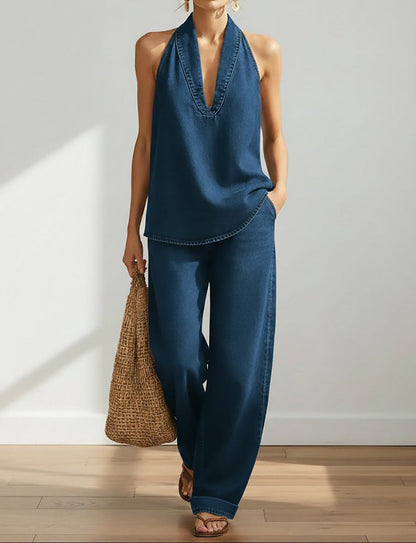 Ensemble denim bleu : débardeur col V ourlet arrondi et pantalon large