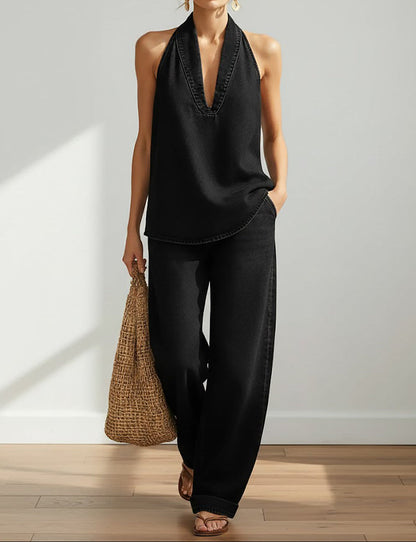 Ensemble denim noir : débardeur col V ourlet arrondi et pantalon large