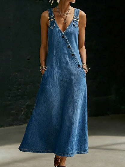 Robe longue en denim bleu clair, boutons devant, coupe évasée, bretelles