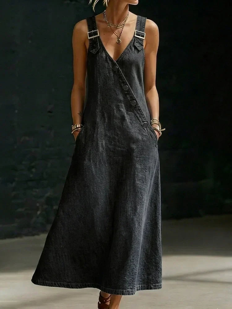 Robe longue en denim noir, encolure V, boutons devant, bretelles réglables