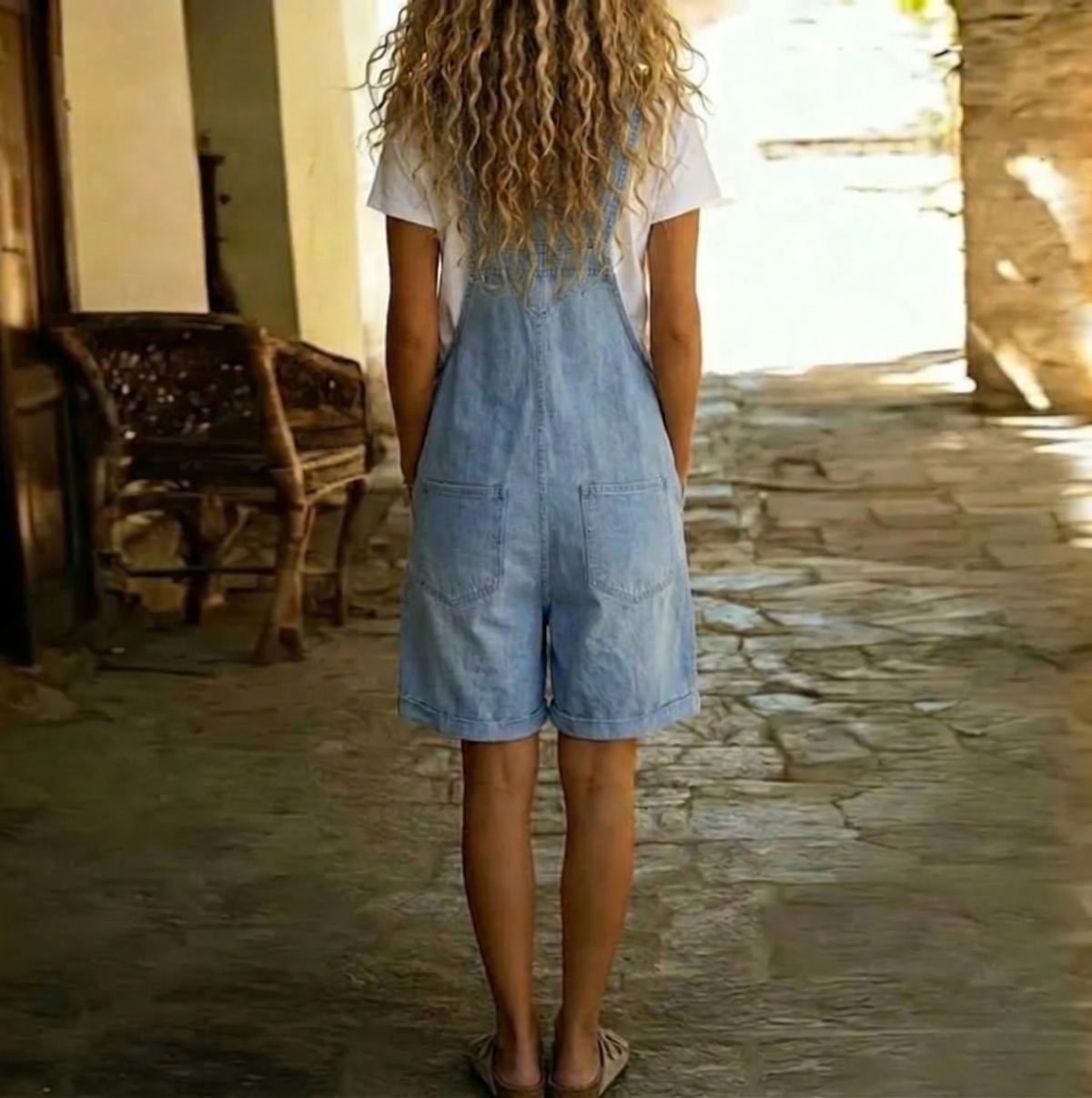 Salopette courte en denim bleu clair délavé, bretelles croisées au dos