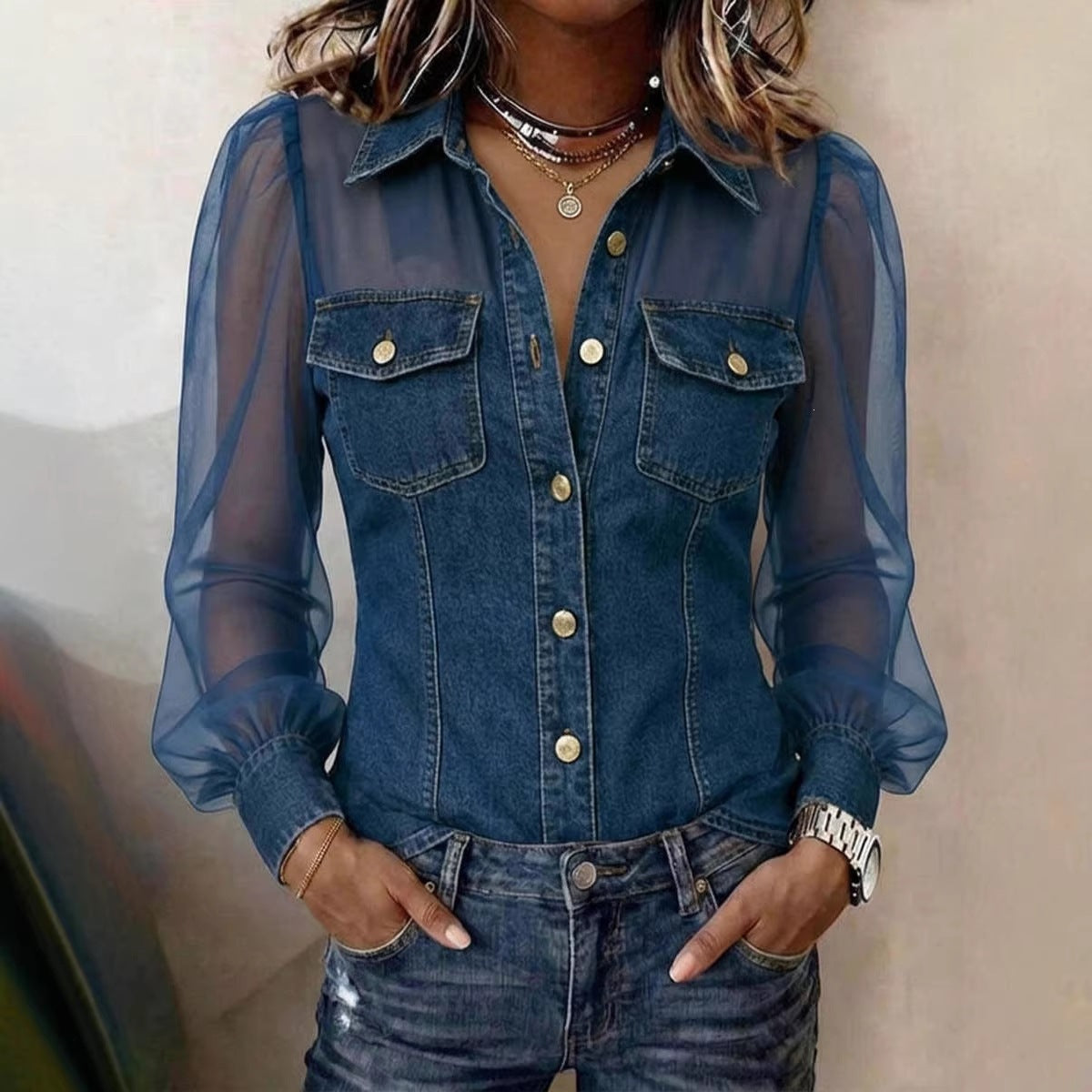 Élodie | Blouse Élégante à Effet Denim
