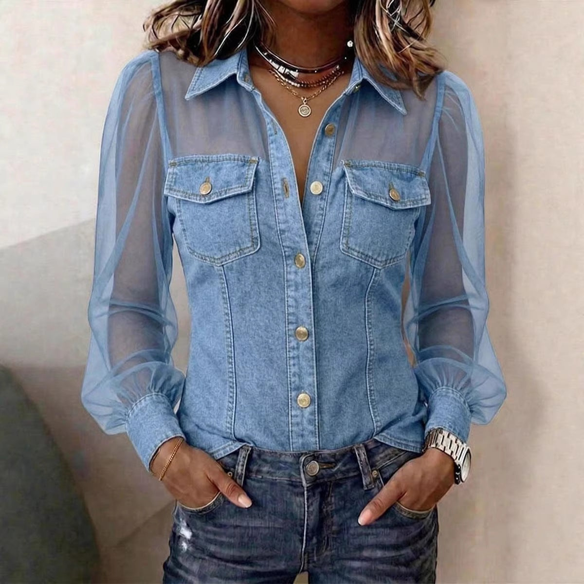 Élodie | Blouse Élégante à Effet Denim