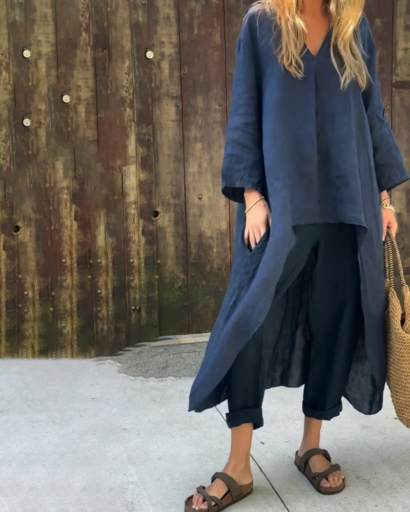 Ensemble tunique ample en bleu marine avec pantalon assorti, style ample et confortable