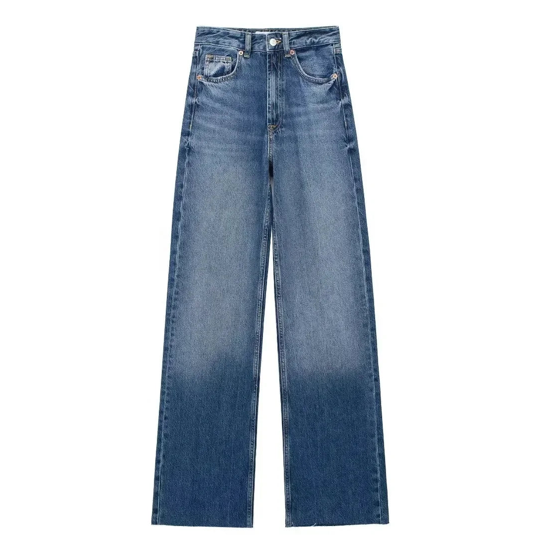 Pantalon en denim bleu océan à coupe droite, poches avant, braguette boutonnée, passants