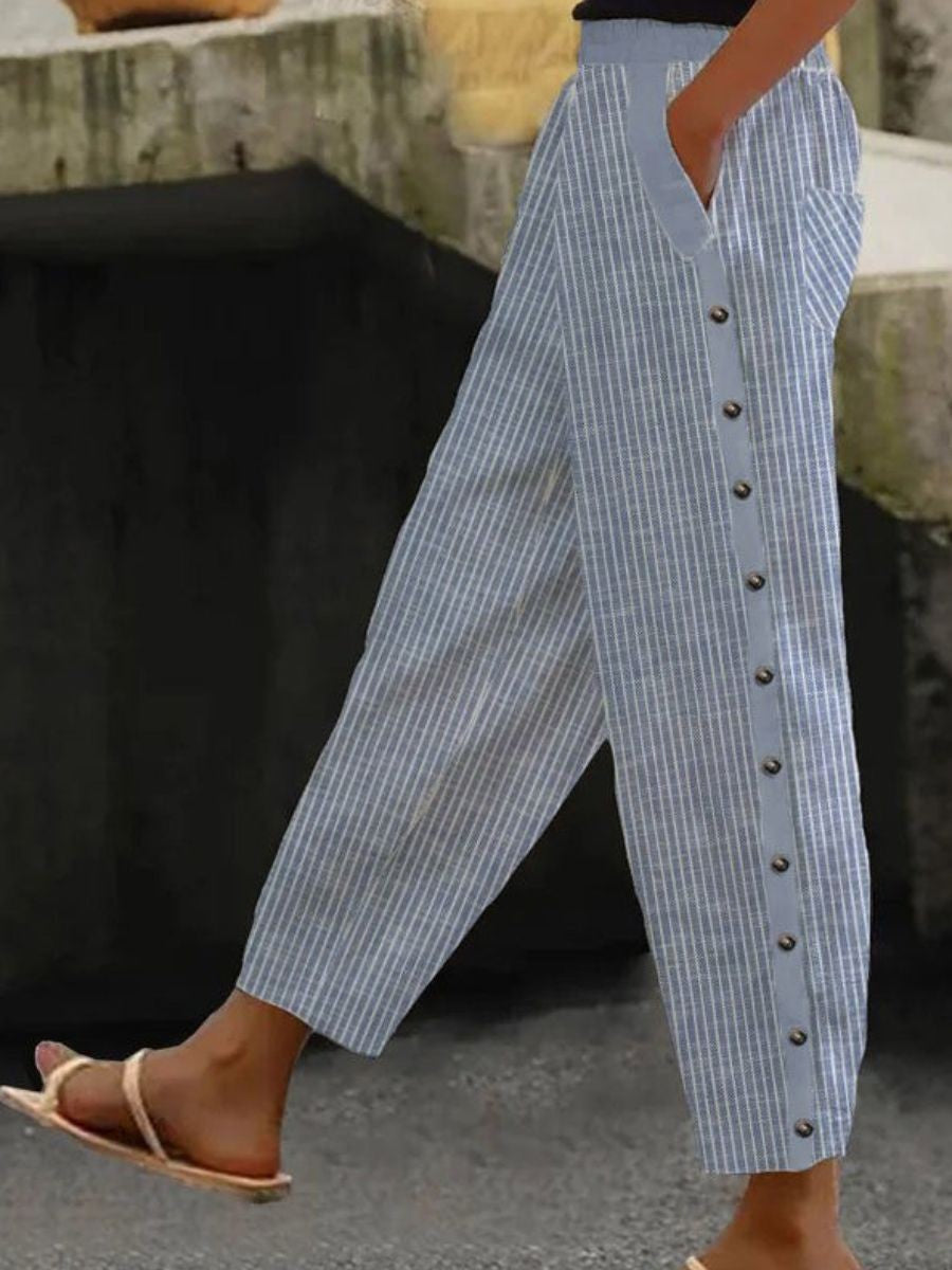 Pantalon à rayures bleu clair Linaya avec patte boutonnée devant, coupe ample