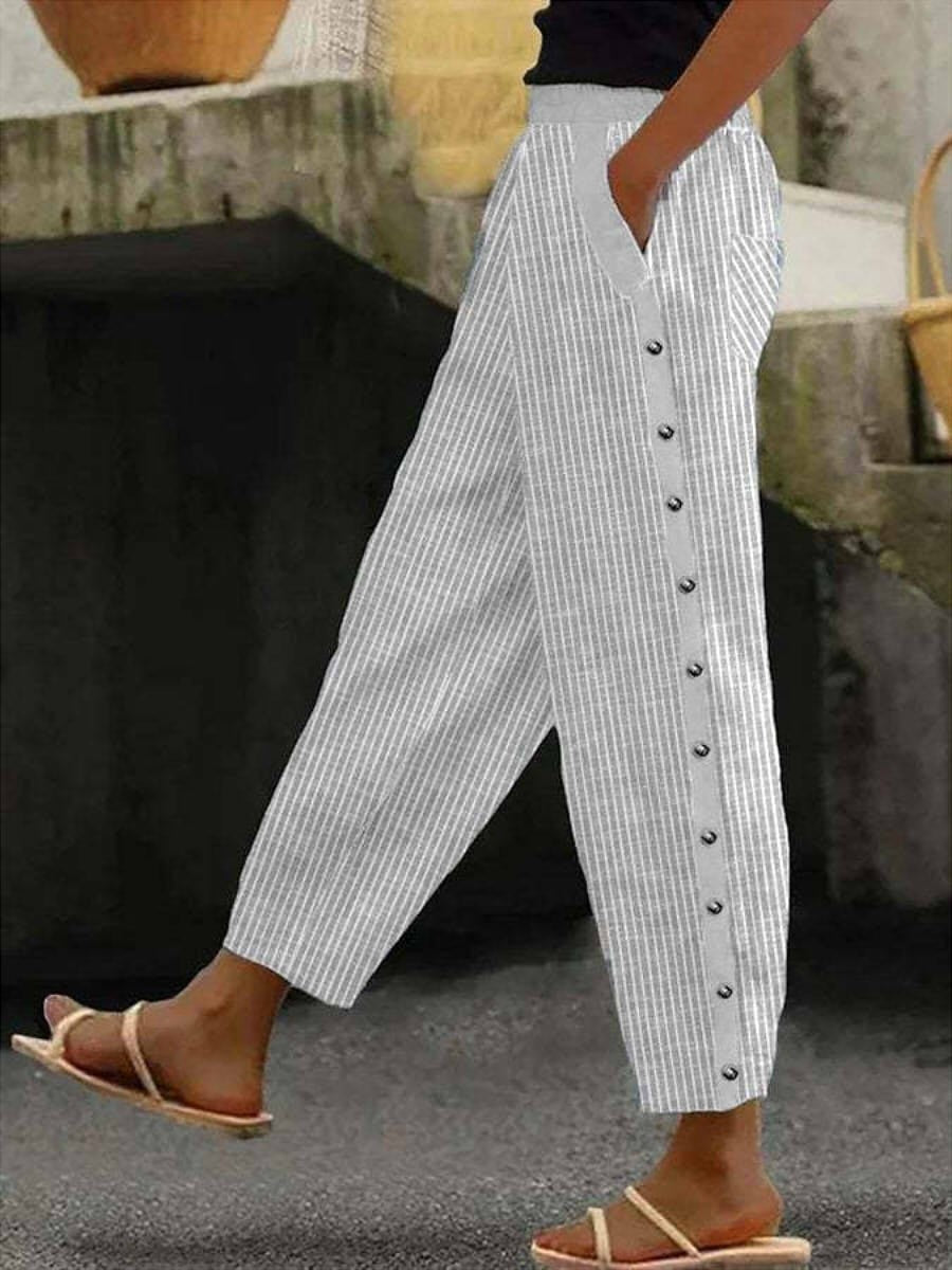 Pantalon rayé bleu clair Linaya à boutons sur le devant, jambe ample