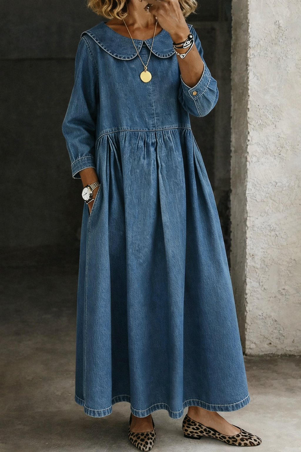 Robe en jean bleu à col Peter Pan, manches longues, jupe évasée