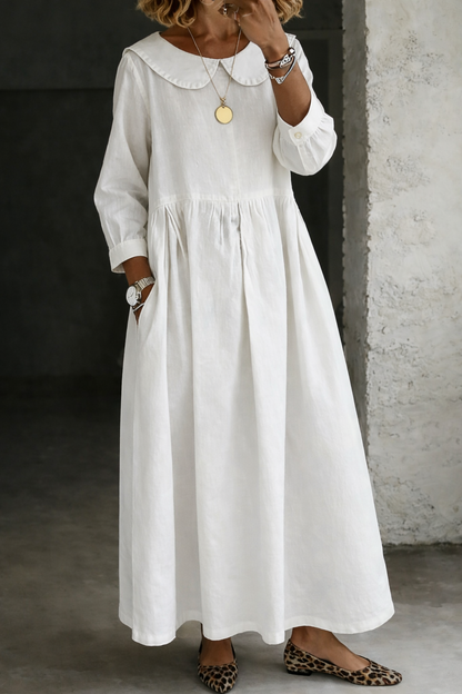 Robe en denim blanche à col Peter Pan, manches longues, jupe évasée