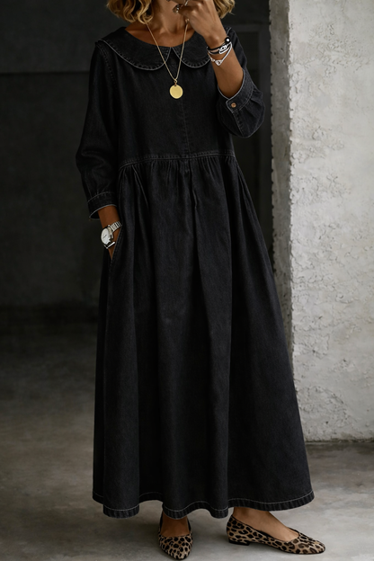 Robe en denim noire à col Peter Pan, manches longues, jupe évasée