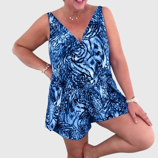 Robe de maillot de bain élégante sans manches décolleté V, imprimé bleu