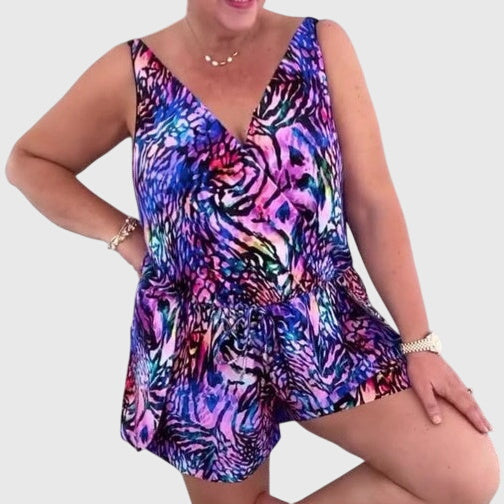 Robe de maillot de bain élégante sans manches décolleté V, imprimé violet et rose