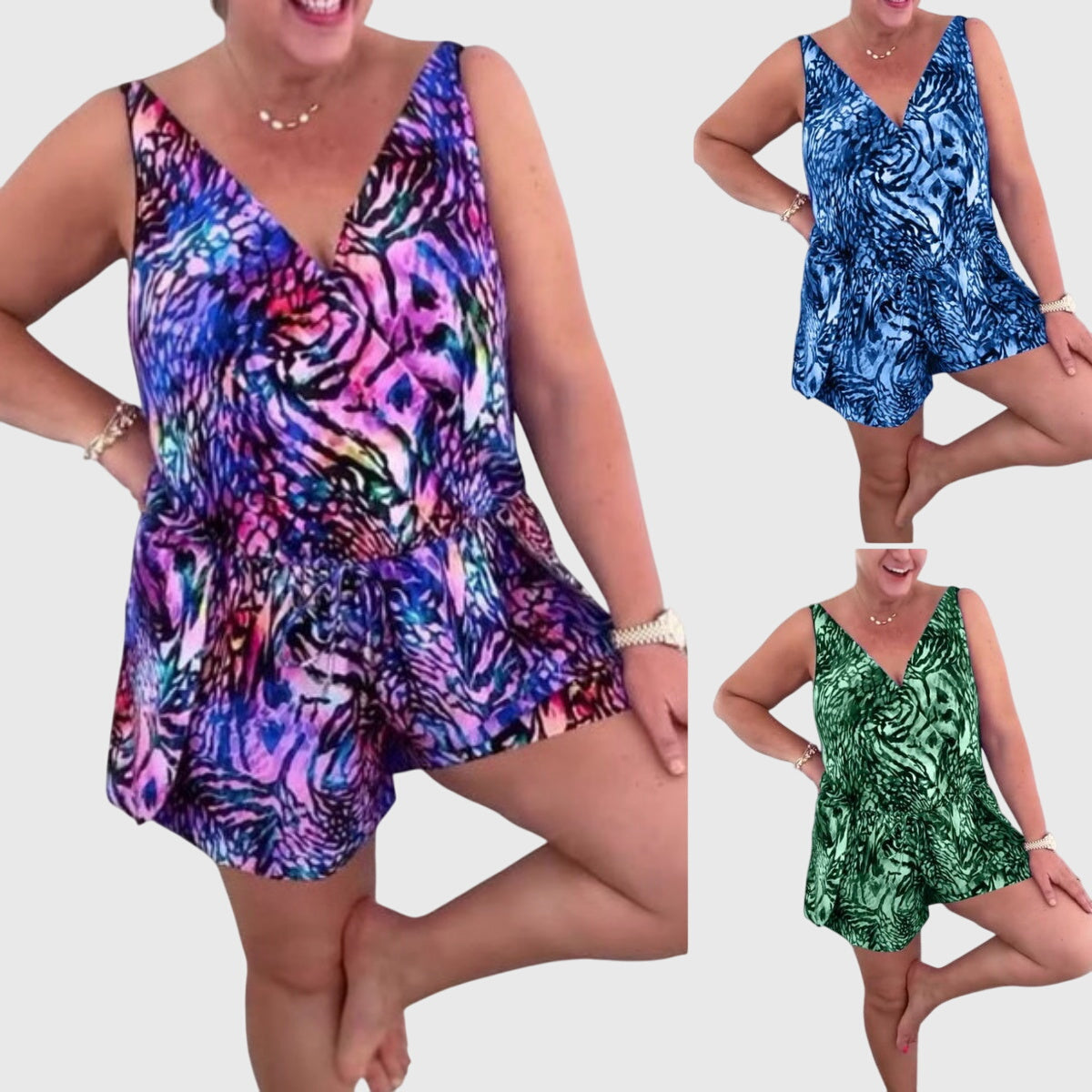 Robe de maillot de bain élégante sans manches décolleté V, imprimé multicolore