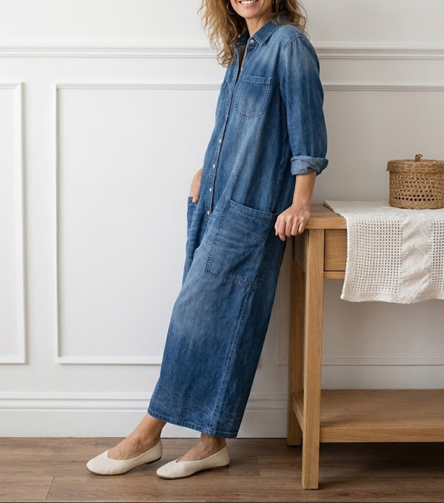 Salopette en denim bleu vintage, manches retroussées, fermeture boutonnée, poches poitrine.