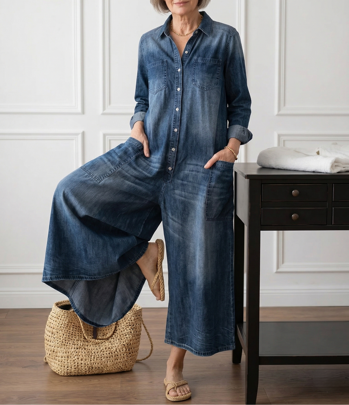 Salopette en denim bleu vintage avec fermeture à boutons, poches plaquées, jambe ample.