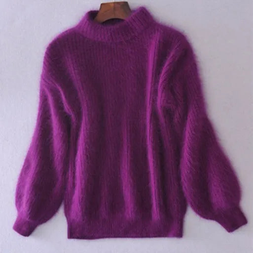 Pull col roulé violet en maille, manches longues amples, coupe droite