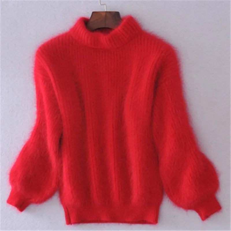 Pull col roulé rouge en maille, manches longues amples, coupe droite
