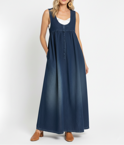 Robe maxi en denim bleu délavé, sans manches, encolure ronde, jupe ample