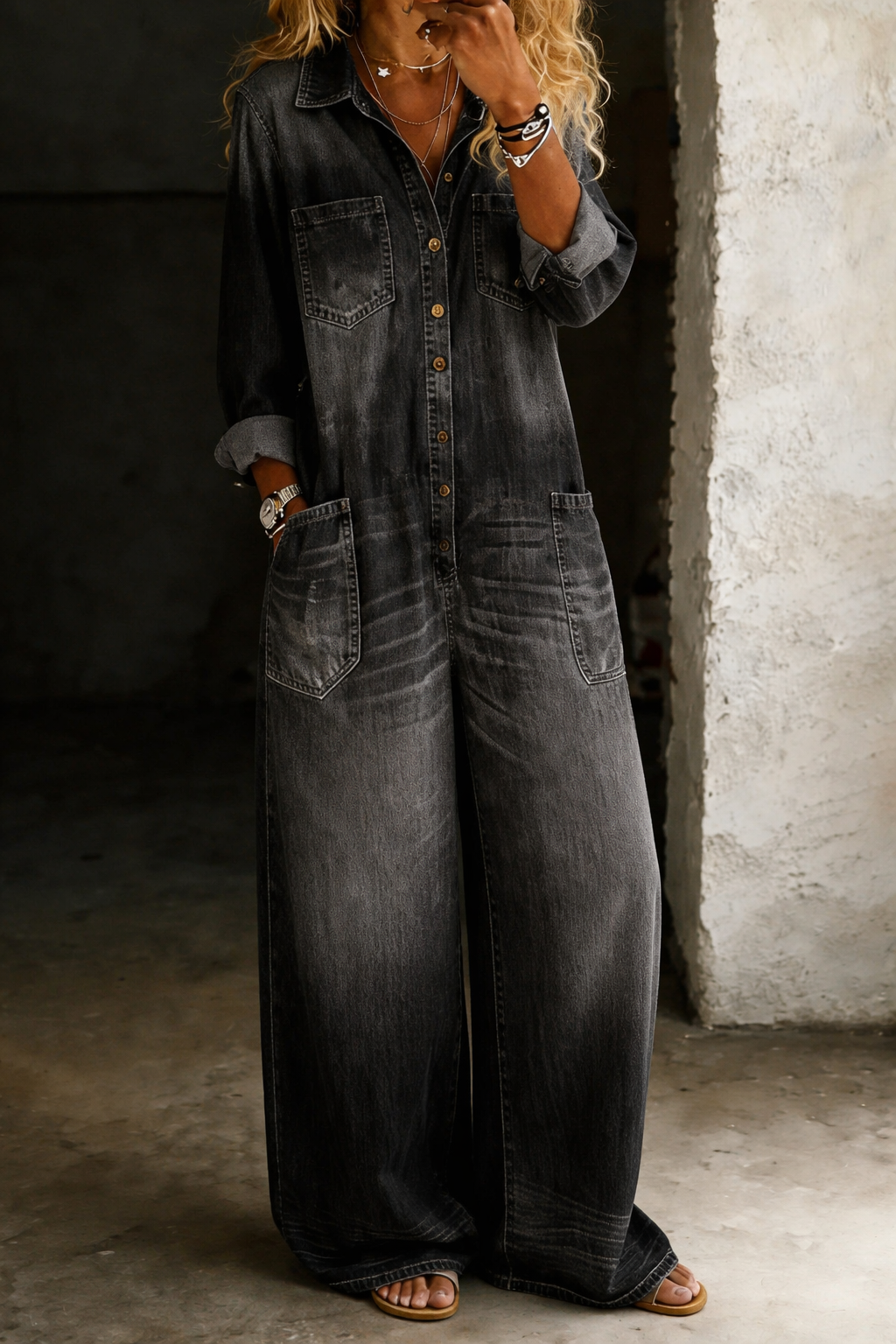 Combinaison décontractée en denim noir, fermeture boutonnée, poches poitrine et latérales