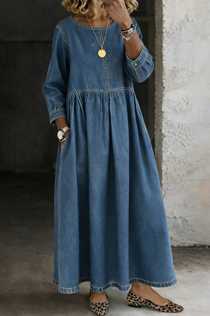 Robe en denim bleu, col rond, manches longues boutonnées, taille froncée