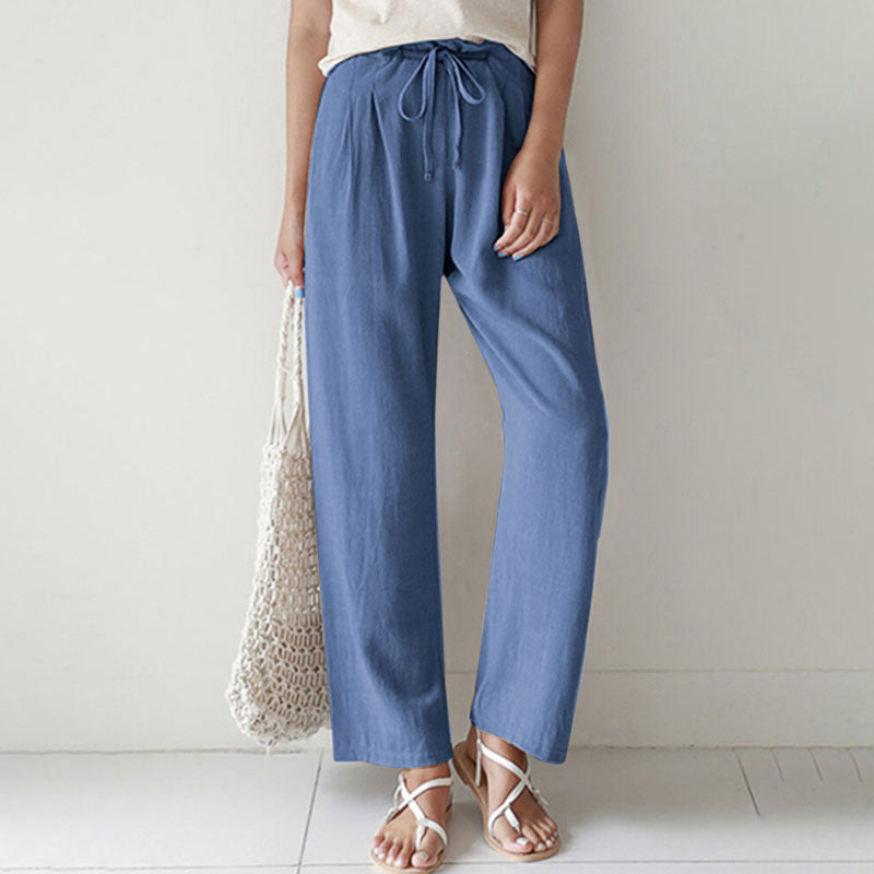 Pantalon ample décontracté bleu avec cordon à la taille et jambes fluides