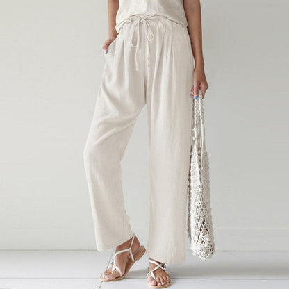 Pantalon ample décontracté blanc cassé avec cordon à la taille, coupe droite