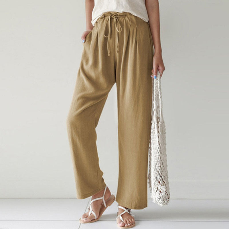 Pantalon ample décontracté kaki avec cordon à la taille, jambe droite