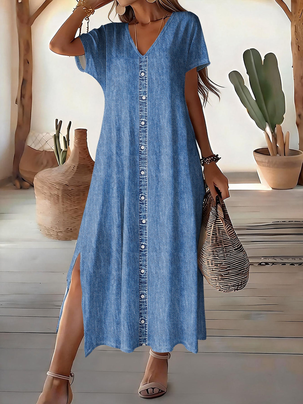Robe midi en denim bleu, encolure V boutonnée, manches courtes, coupe évasée