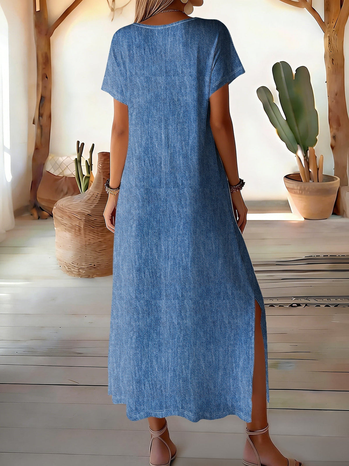 Robe midi en denim bleu, dos uni, manches courtes, coupe évasée