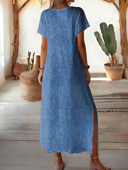 Robe midi en denim bleu, dos uni, manches courtes, coupe évasée