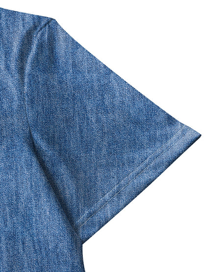 Robe en denim bleu, épaules structurées et tombé ample