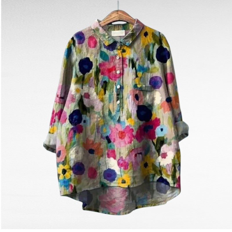 Blouse florale à manches longues, col chemise et boutons, imprimé multicolore