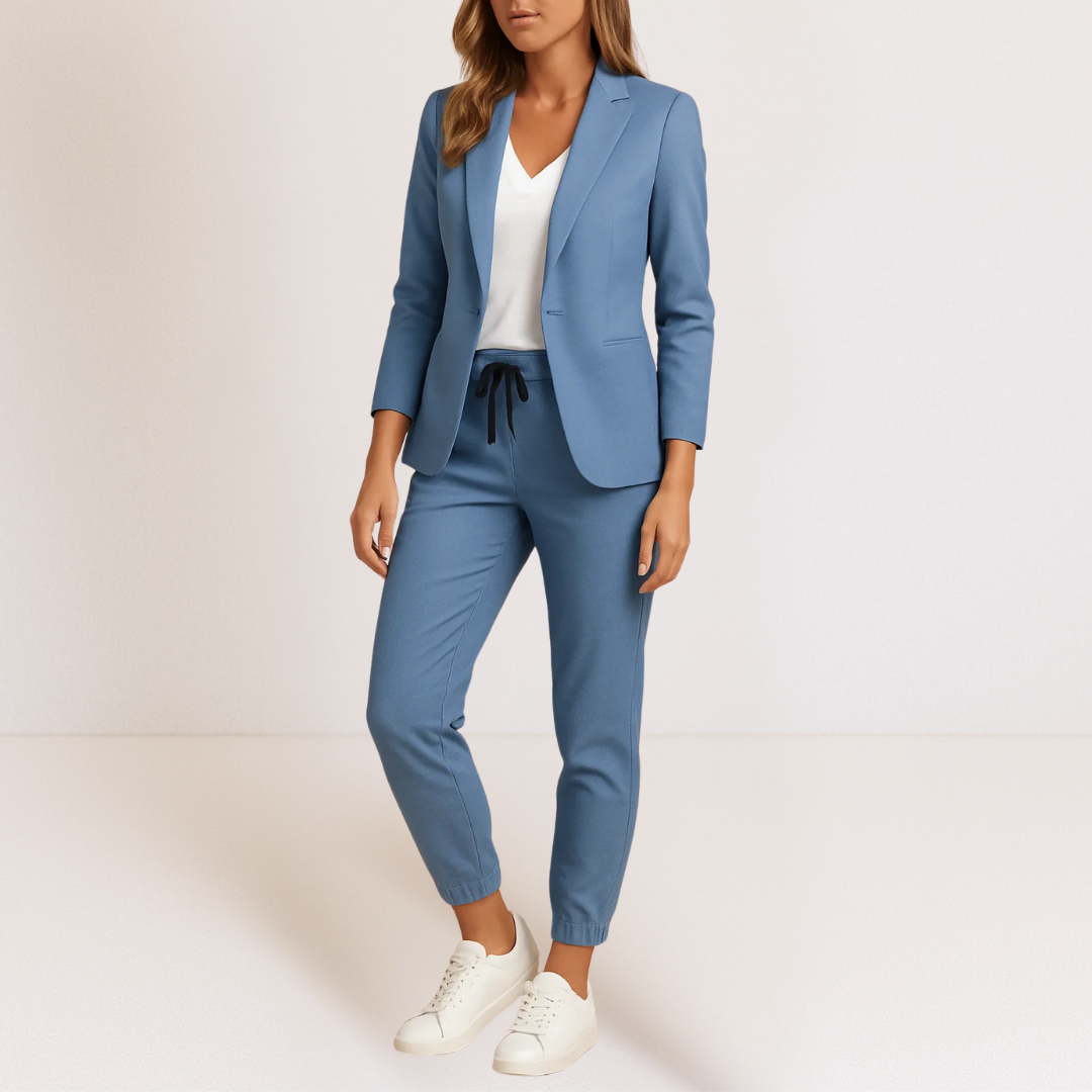 Ensemble veste blazer et pantalon de jogging bleu, poches et cordon à la taille